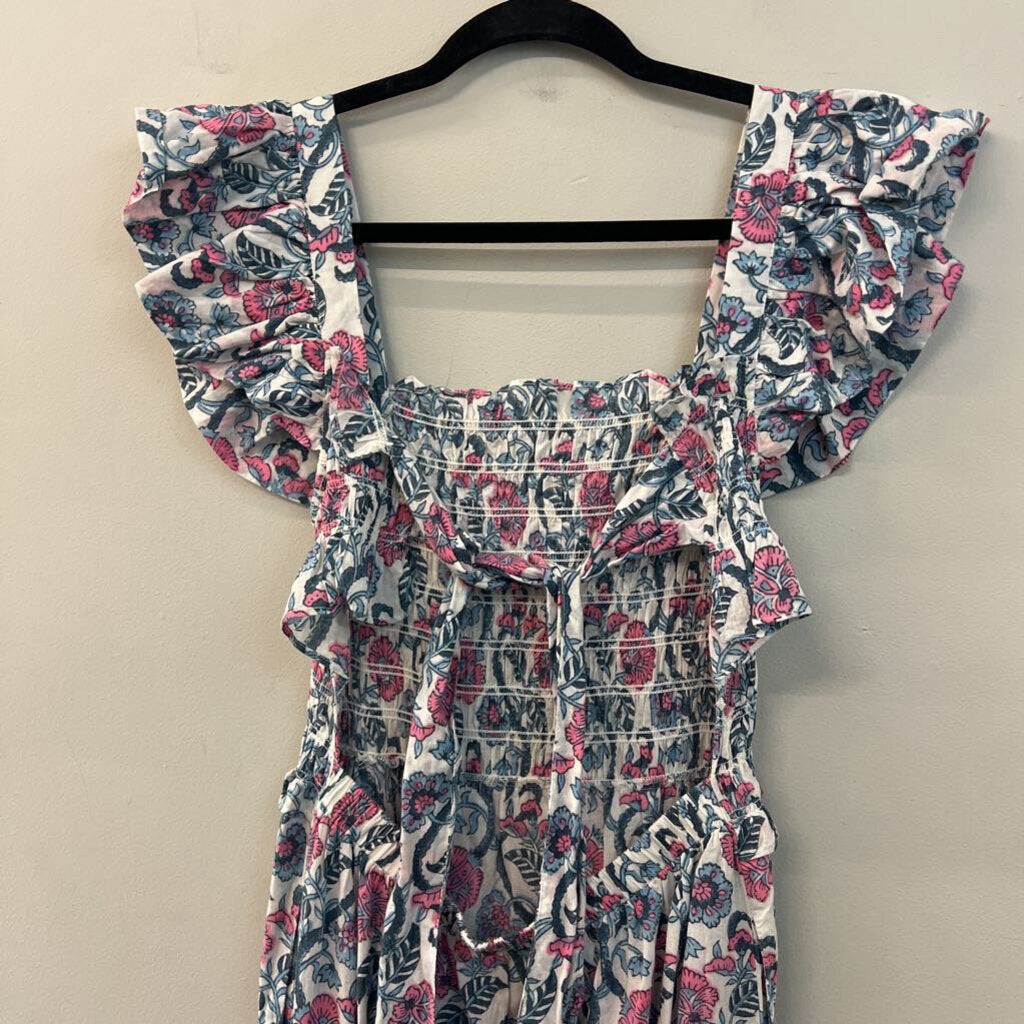 Anna Cate White/ Blue/ Pink Print Short Flutter Sleeve Tie Back Maxi Dress Small