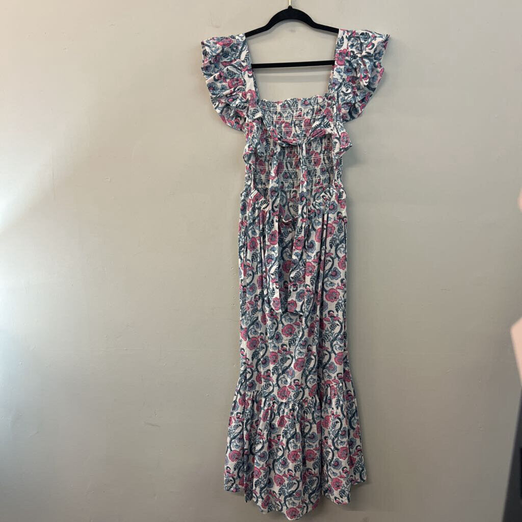 Anna Cate White/ Blue/ Pink Print Short Flutter Sleeve Tie Back Maxi Dress Small
