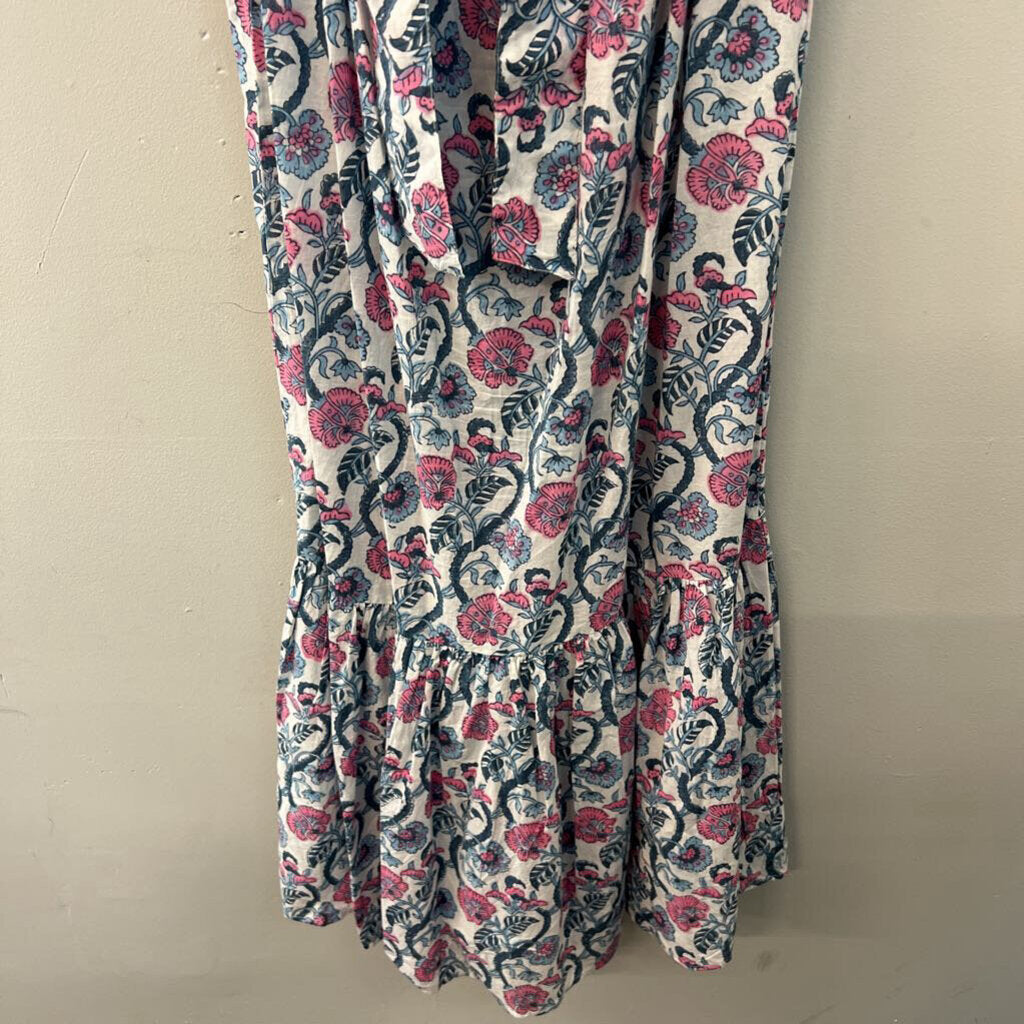 Anna Cate White/ Blue/ Pink Print Short Flutter Sleeve Tie Back Maxi Dress Small