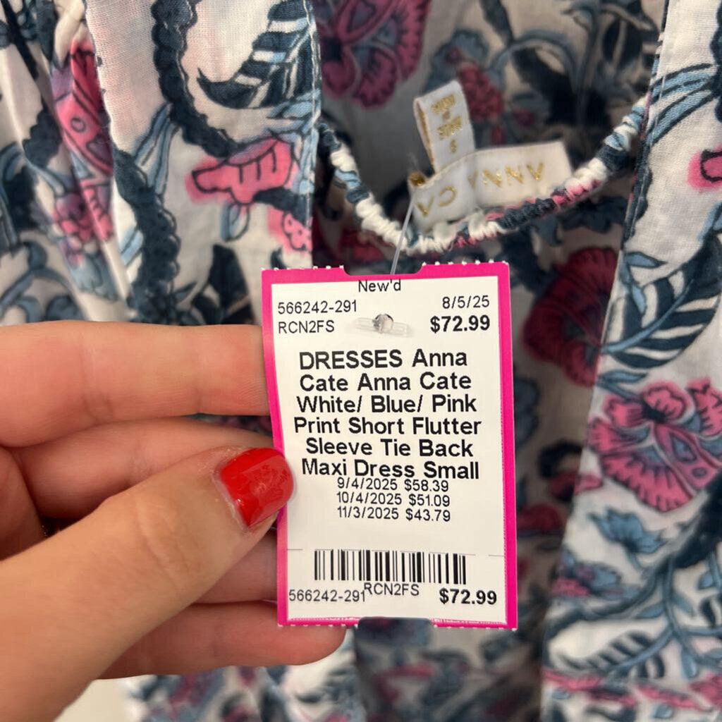 Anna Cate White/ Blue/ Pink Print Short Flutter Sleeve Tie Back Maxi Dress Small