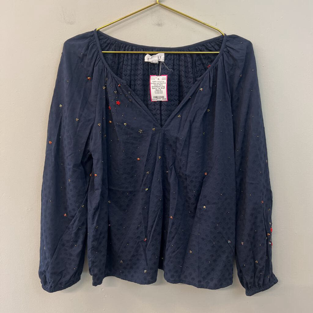Velvet Navy Embellished Long Sleeve Top Small