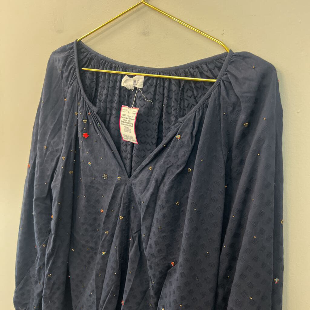 Velvet Navy Embellished Long Sleeve Top Small
