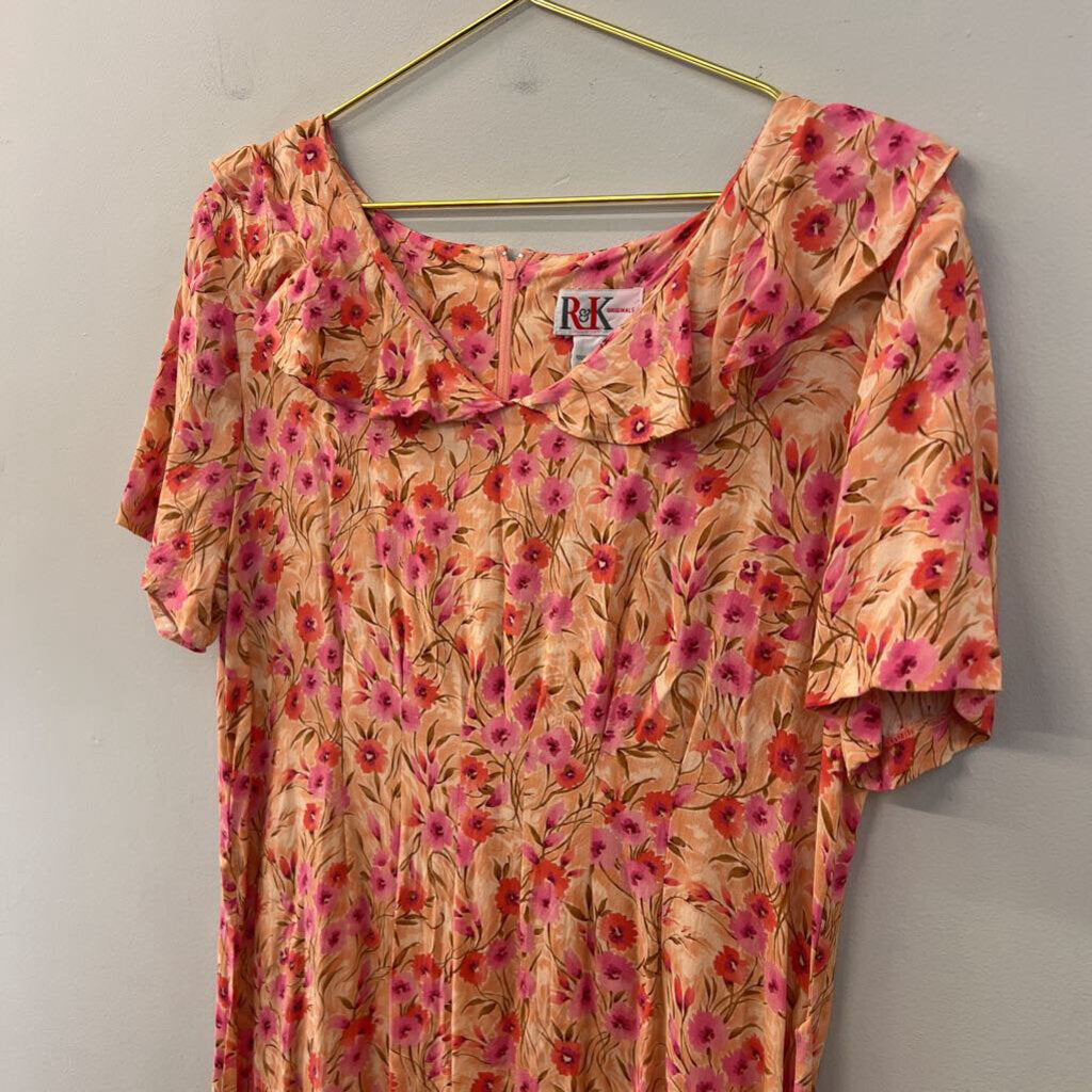 Vintage R and K Originals Pink Flower Print Short Sleeve Maxi Dress 12