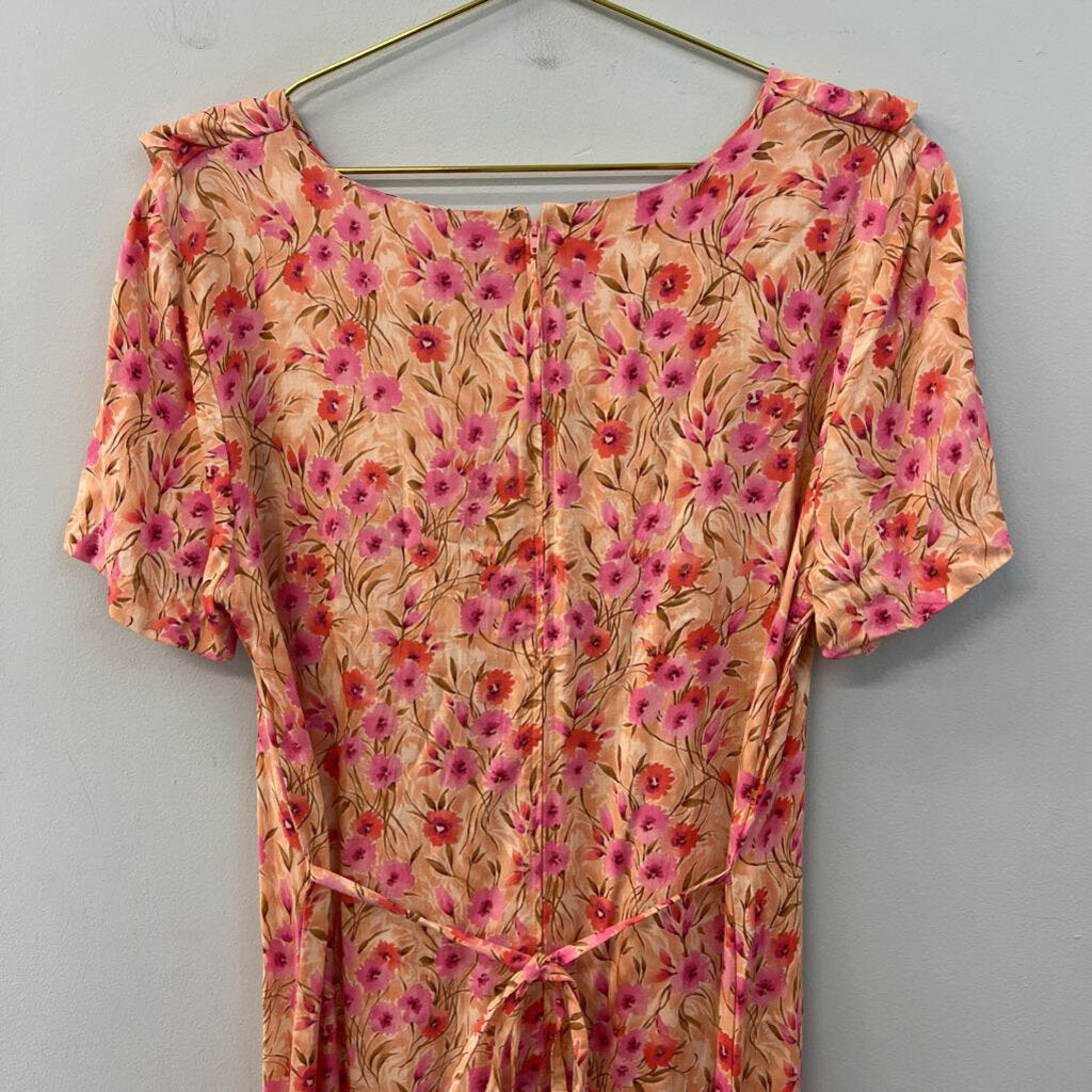 Vintage R and K Originals Pink Flower Print Short Sleeve Maxi Dress 12