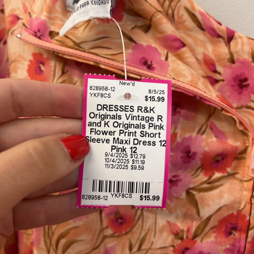 Vintage R and K Originals Pink Flower Print Short Sleeve Maxi Dress 12