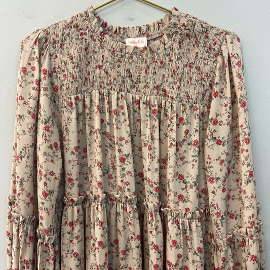 Hailey and Co Beige/ Red Flower Print Long Sleeve Dress Medium