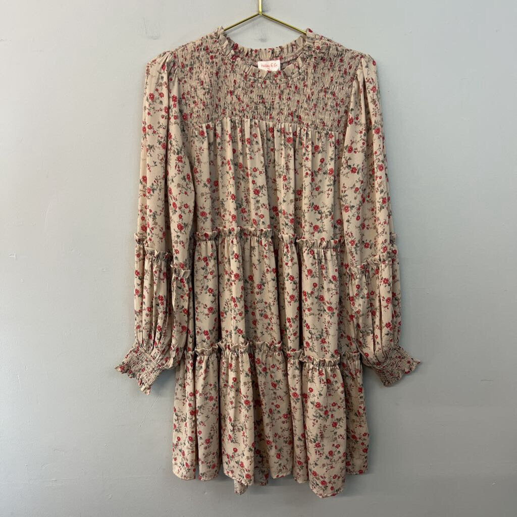 Hailey and Co Beige/ Red Flower Print Long Sleeve Dress Medium