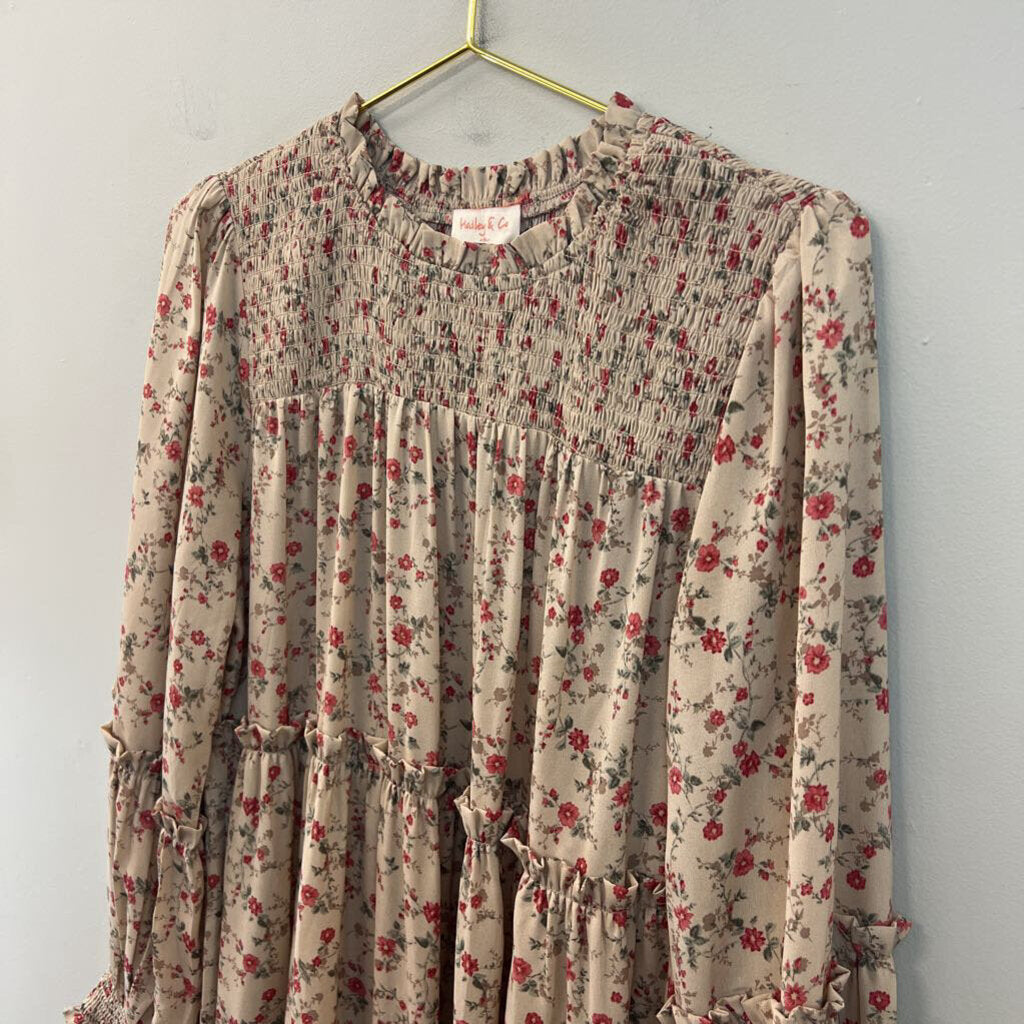 Hailey and Co Beige/ Red Flower Print Long Sleeve Dress Medium
