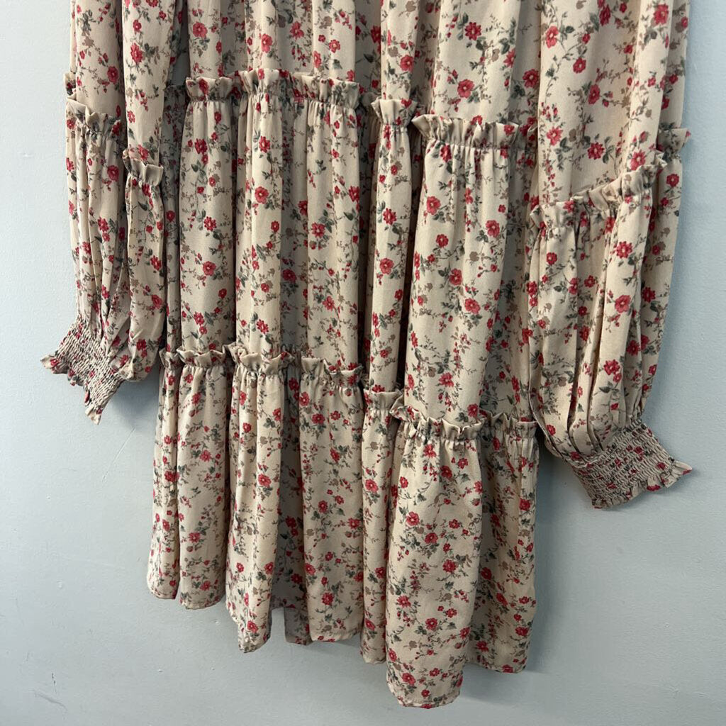 Hailey and Co Beige/ Red Flower Print Long Sleeve Dress Medium