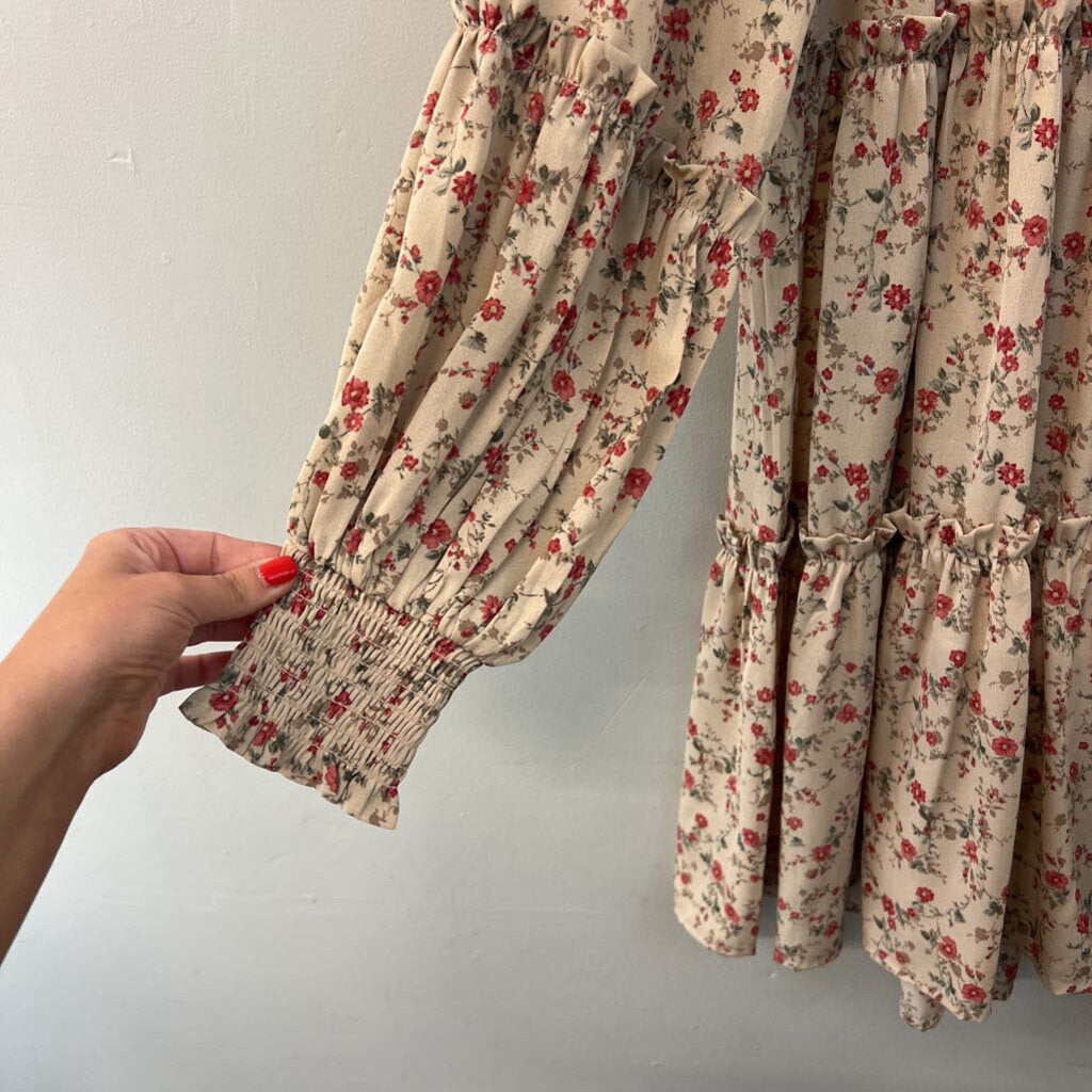 Hailey and Co Beige/ Red Flower Print Long Sleeve Dress Medium