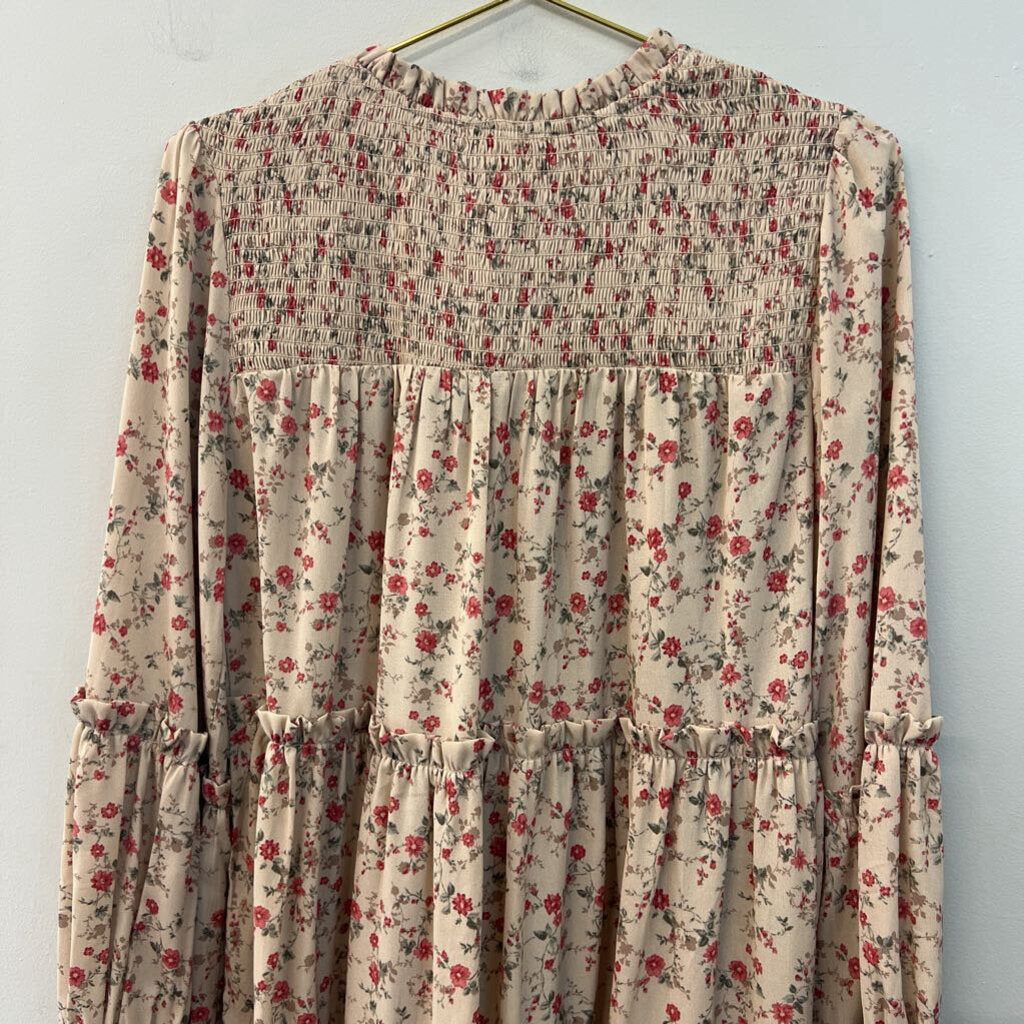 Hailey and Co Beige/ Red Flower Print Long Sleeve Dress Medium