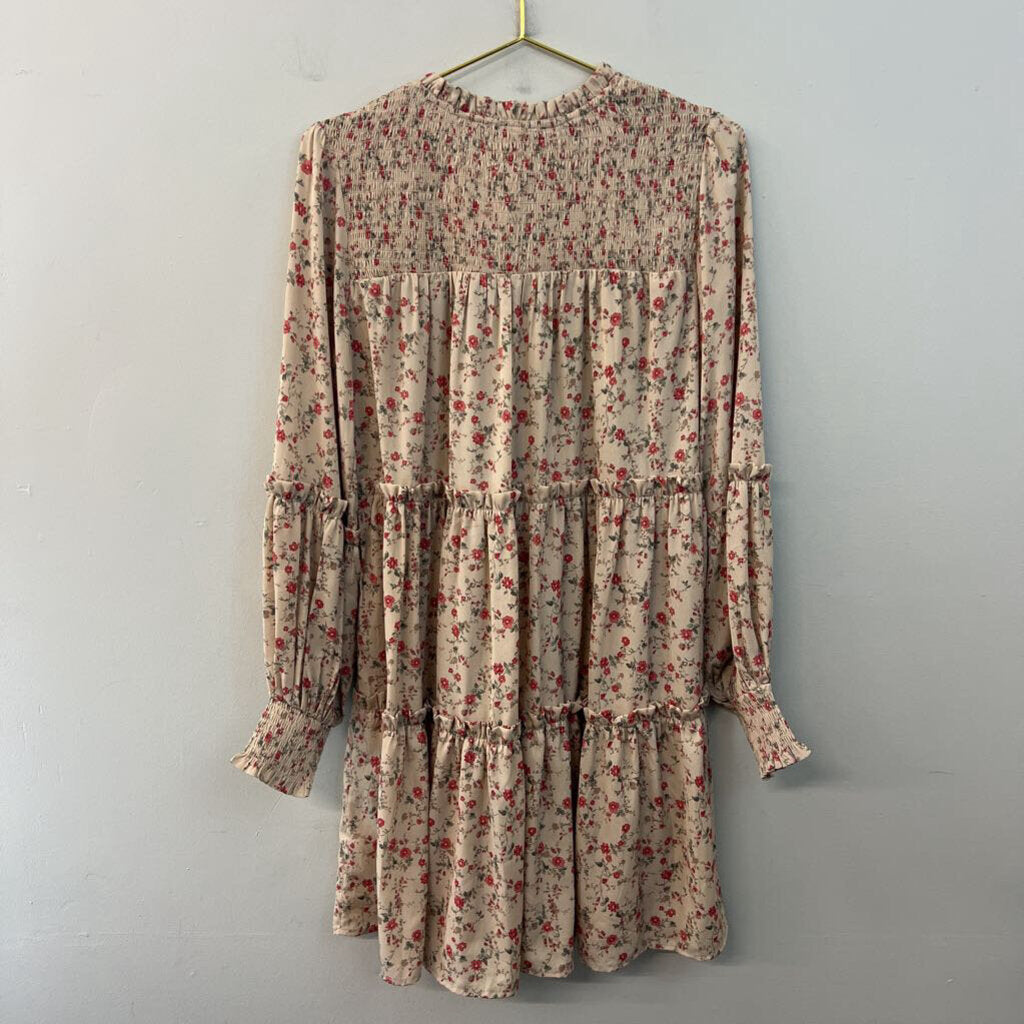 Hailey and Co Beige/ Red Flower Print Long Sleeve Dress Medium