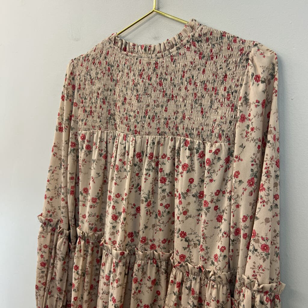 Hailey and Co Beige/ Red Flower Print Long Sleeve Dress Medium