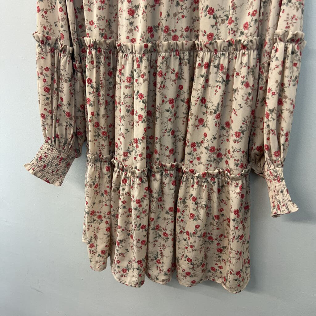 Hailey and Co Beige/ Red Flower Print Long Sleeve Dress Medium
