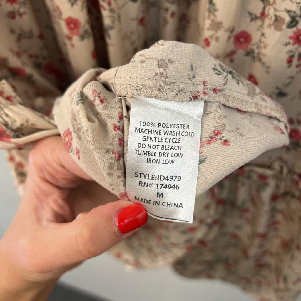 Hailey and Co Beige/ Red Flower Print Long Sleeve Dress Medium