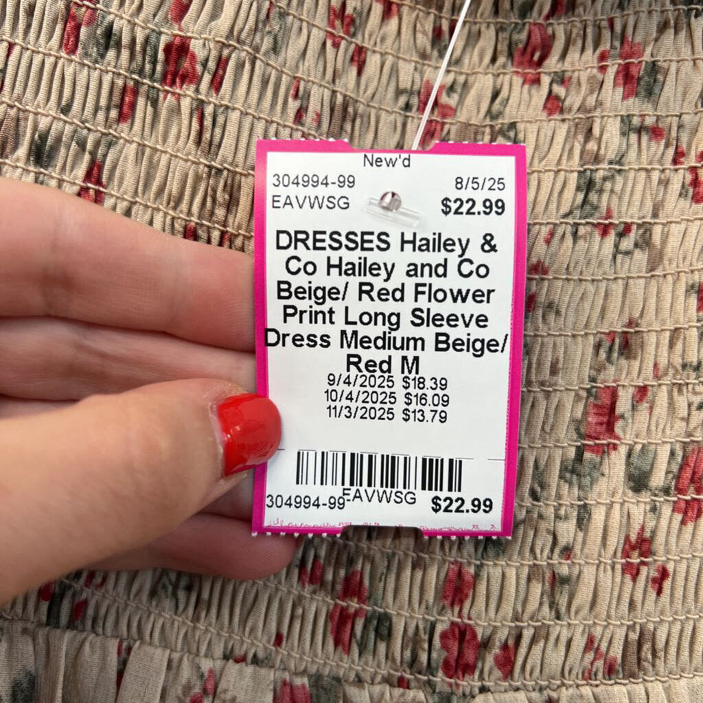 Hailey and Co Beige/ Red Flower Print Long Sleeve Dress Medium