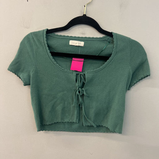 LA Hearts Green Cropped Short Sleeve Tie Front Top Small