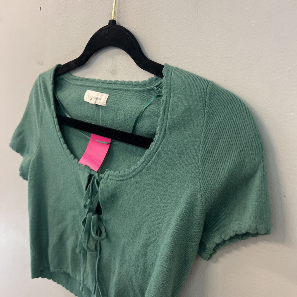 LA Hearts Green Cropped Short Sleeve Tie Front Top Small