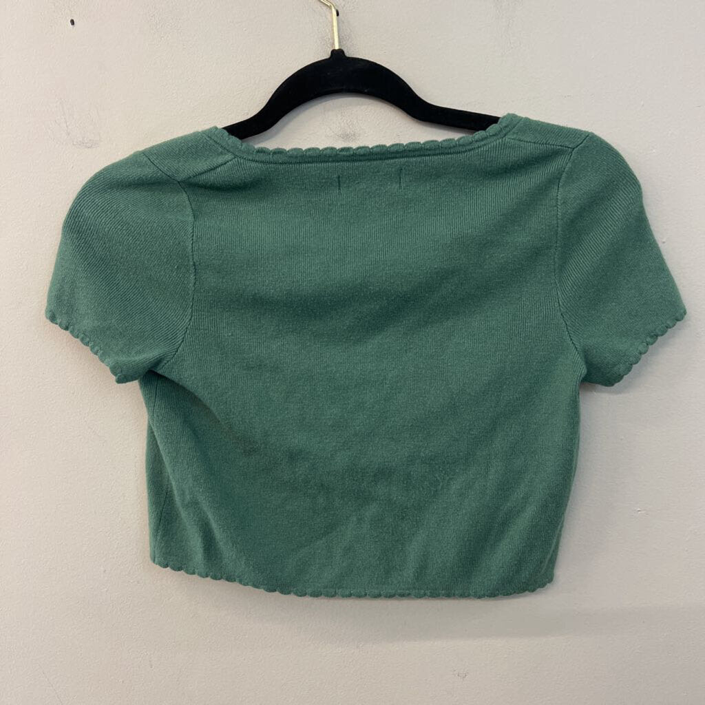 LA Hearts Green Cropped Short Sleeve Tie Front Top Small