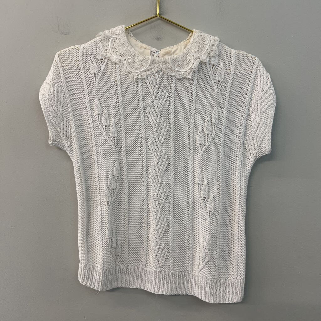 Vintage White Knit Short Sleeve Sweater Top Small