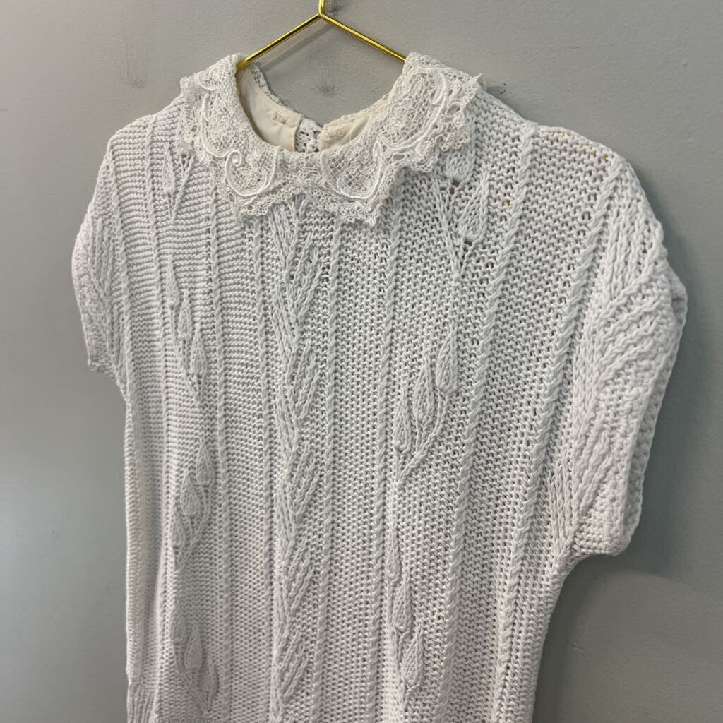 Vintage White Knit Short Sleeve Sweater Top Small