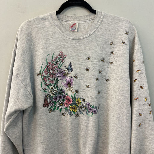 Vintage Jerzees Grey/ Multi Flower Bee Print Pullover Large