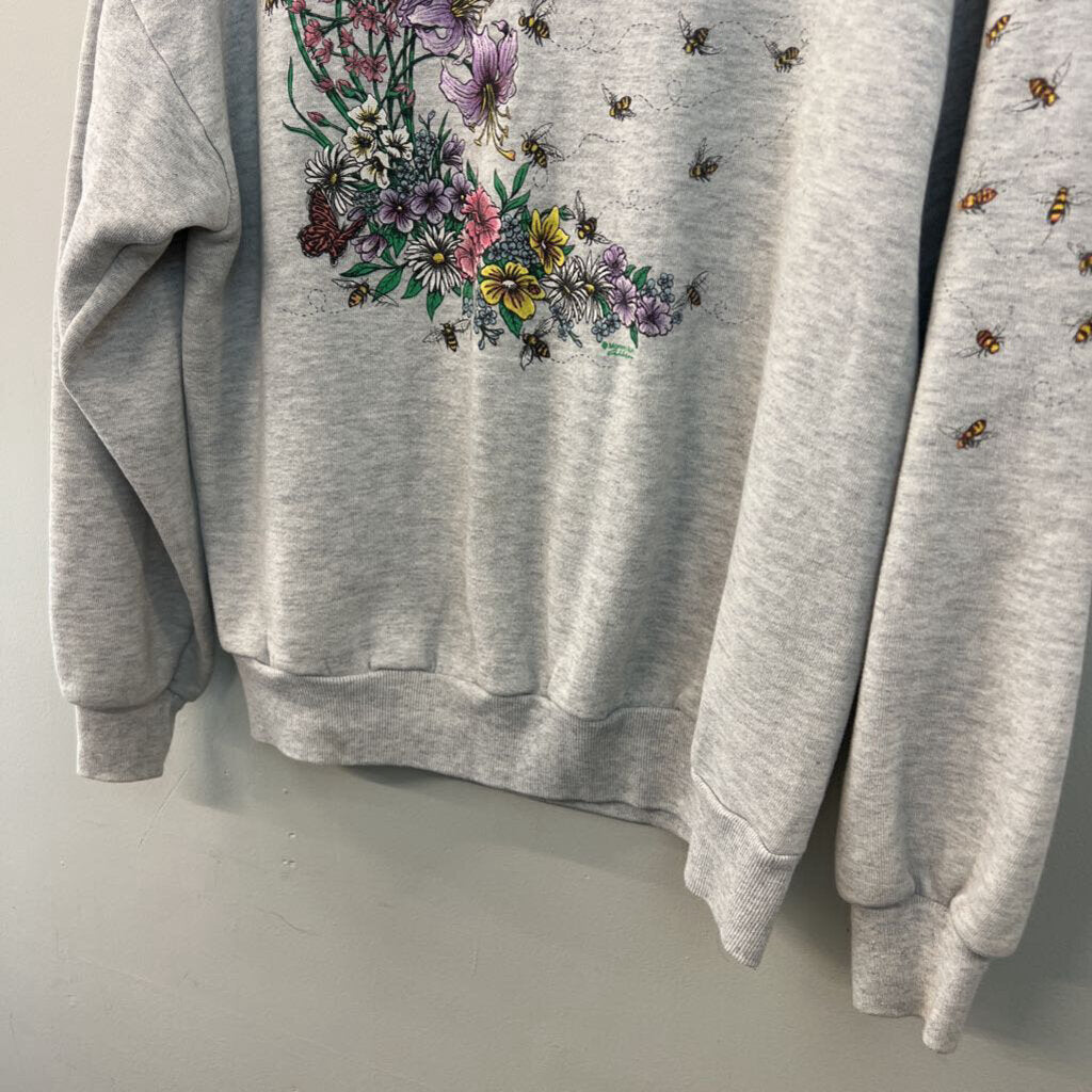 Vintage Jerzees Grey/ Multi Flower Bee Print Pullover Large