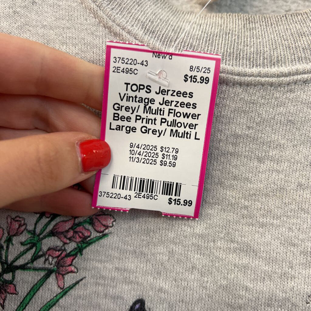 Vintage Jerzees Grey/ Multi Flower Bee Print Pullover Large