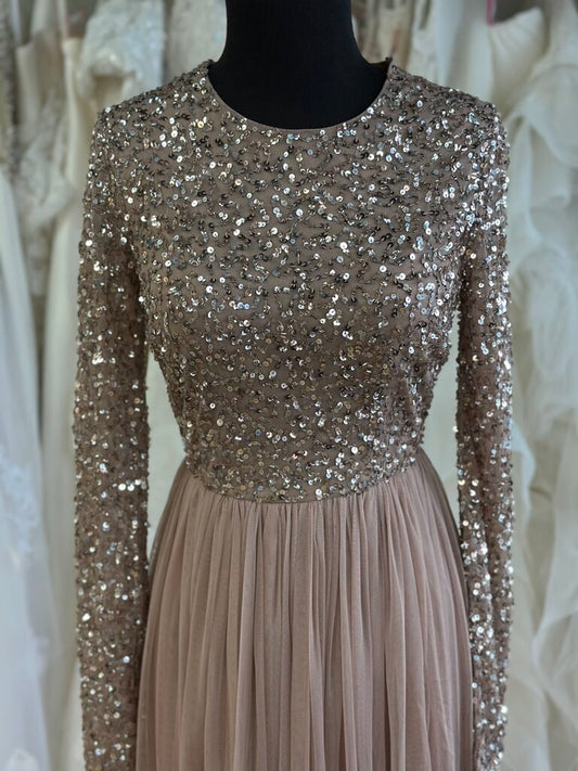 Maya Deluxe Blush Sequin Long Sleeve Top Long Formal Dress Small