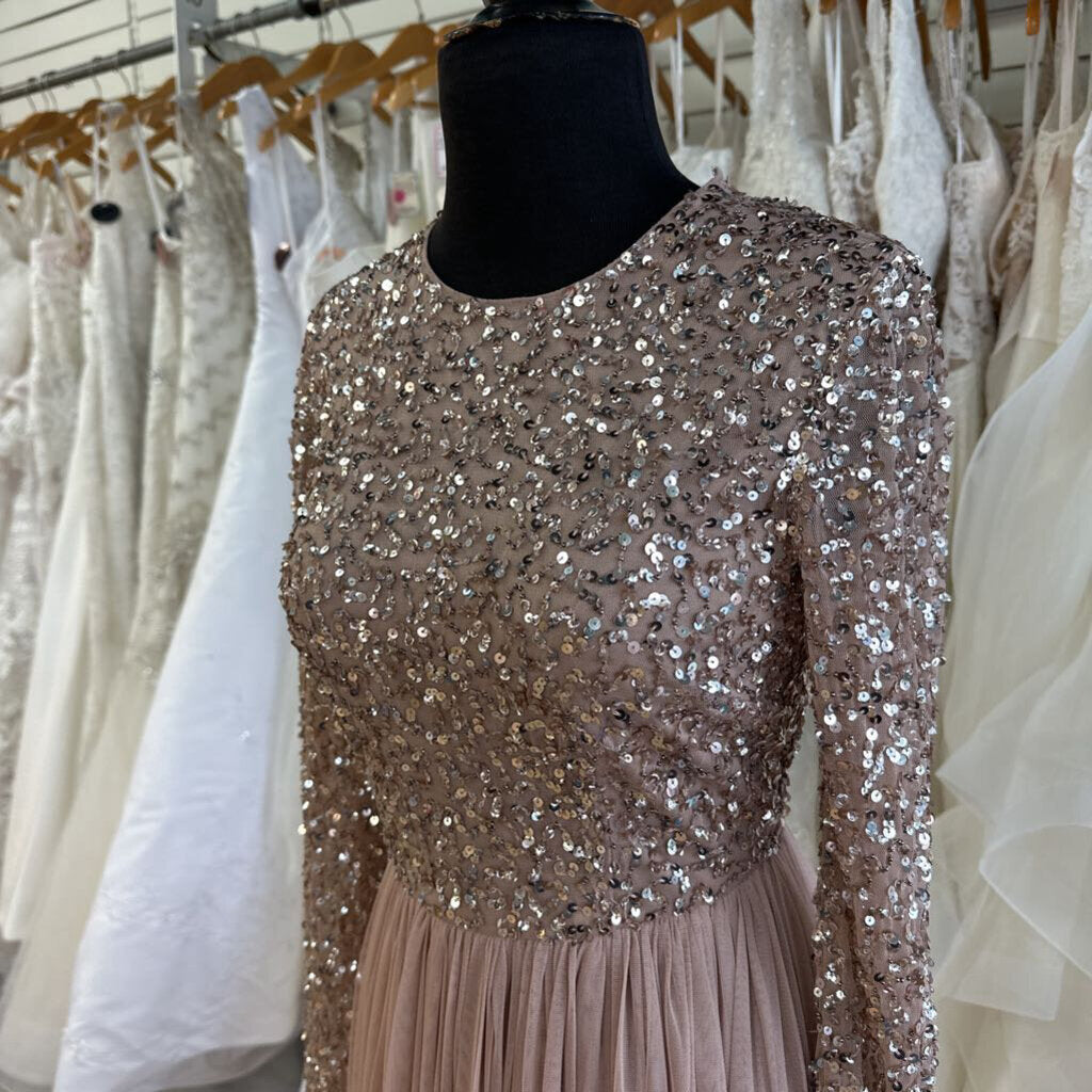 Maya Deluxe Blush Sequin Long Sleeve Top Long Formal Dress Small