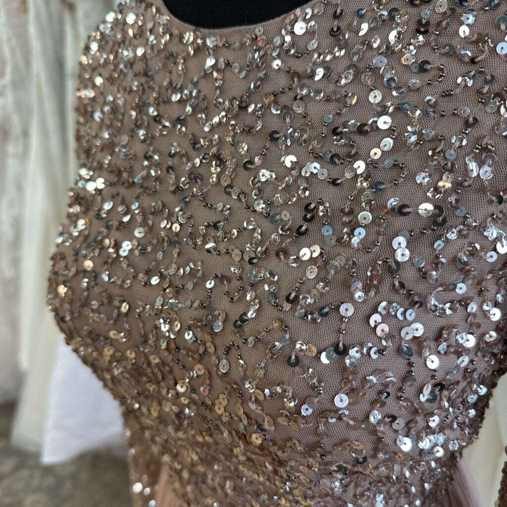 Maya Deluxe Blush Sequin Long Sleeve Top Long Formal Dress Small