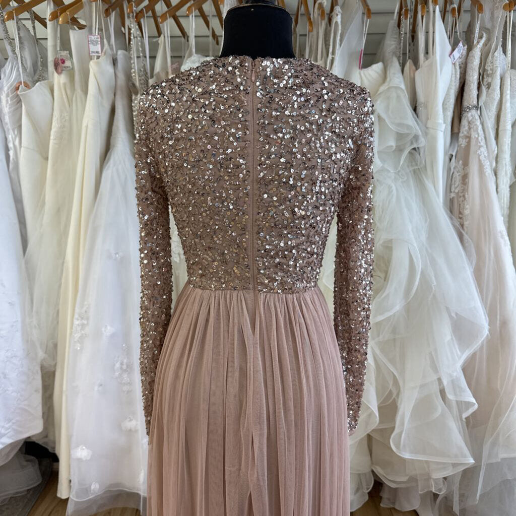 Maya Deluxe Blush Sequin Long Sleeve Top Long Formal Dress Small
