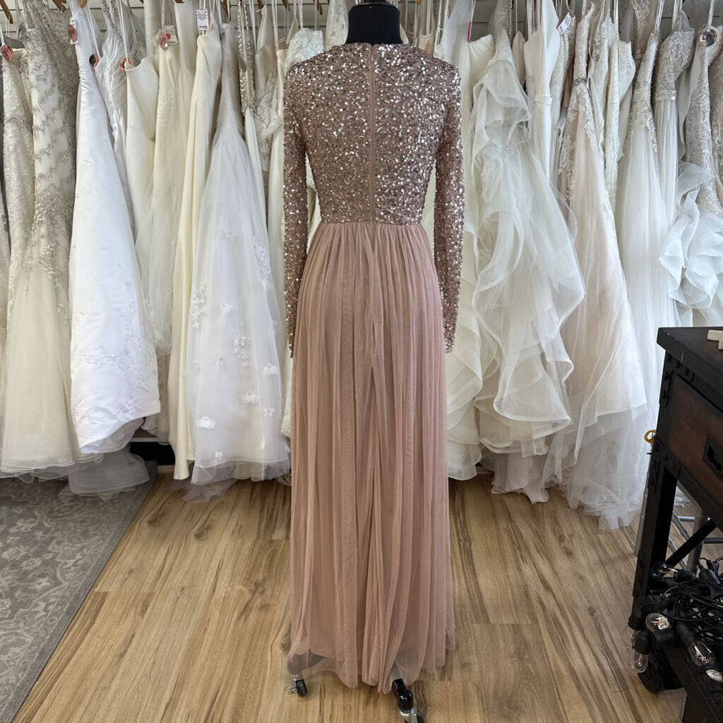 Maya Deluxe Blush Sequin Long Sleeve Top Long Formal Dress Small