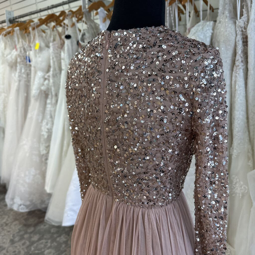 Maya Deluxe Blush Sequin Long Sleeve Top Long Formal Dress Small