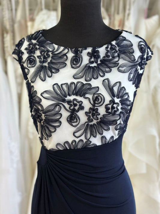 Connected White/ Navy Textured Top Long Formal Dress 16