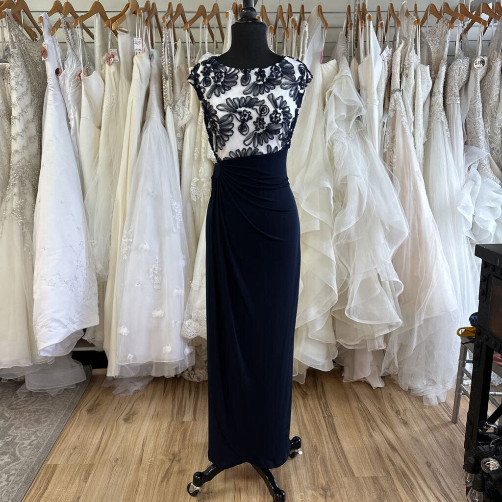 Connected White/ Navy Textured Top Long Formal Dress 16