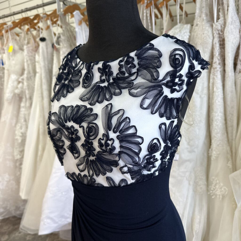 Connected White/ Navy Textured Top Long Formal Dress 16