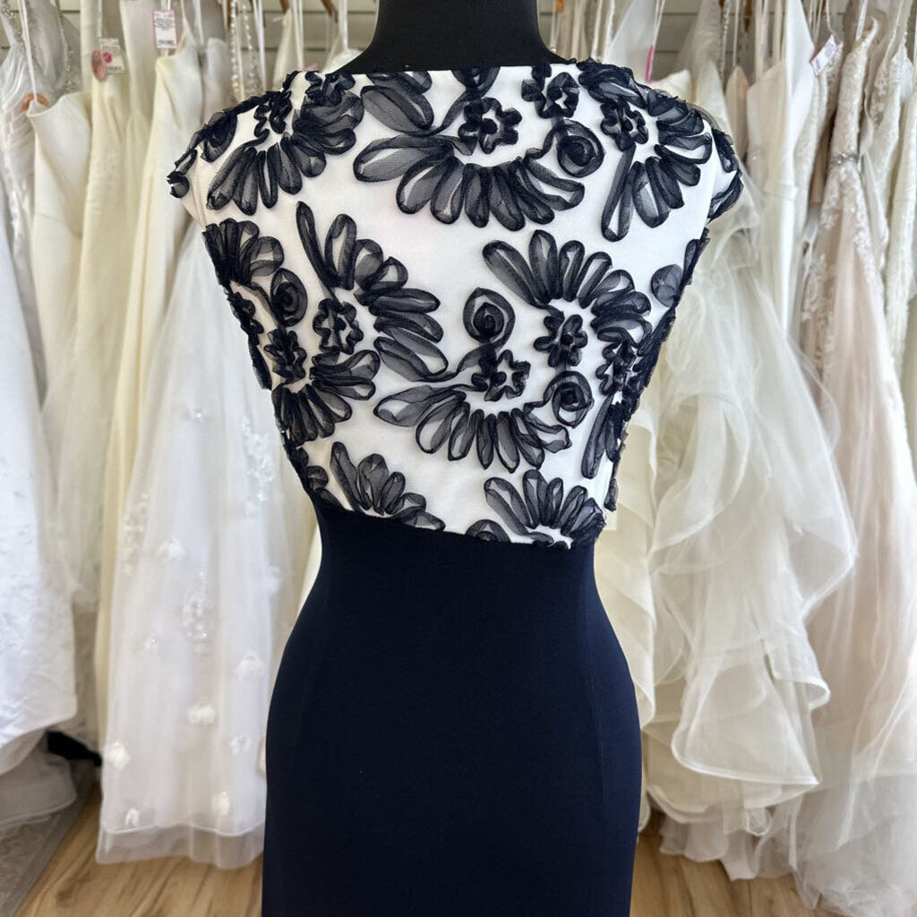 Connected White/ Navy Textured Top Long Formal Dress 16