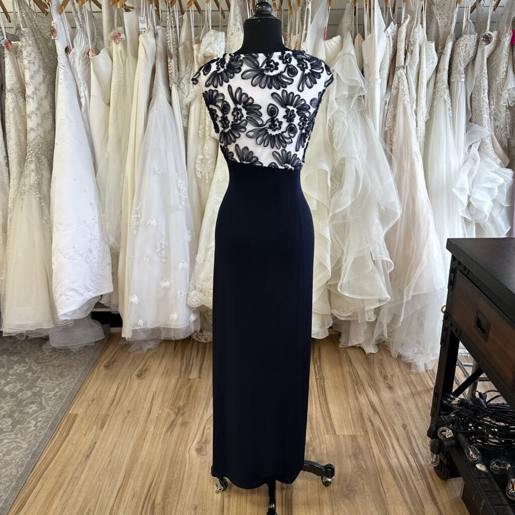 Connected White/ Navy Textured Top Long Formal Dress 16