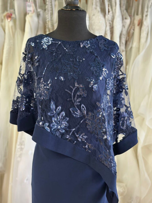 R and M Richards Navy Sequin Lace Cape Top Long Formal Dress 14