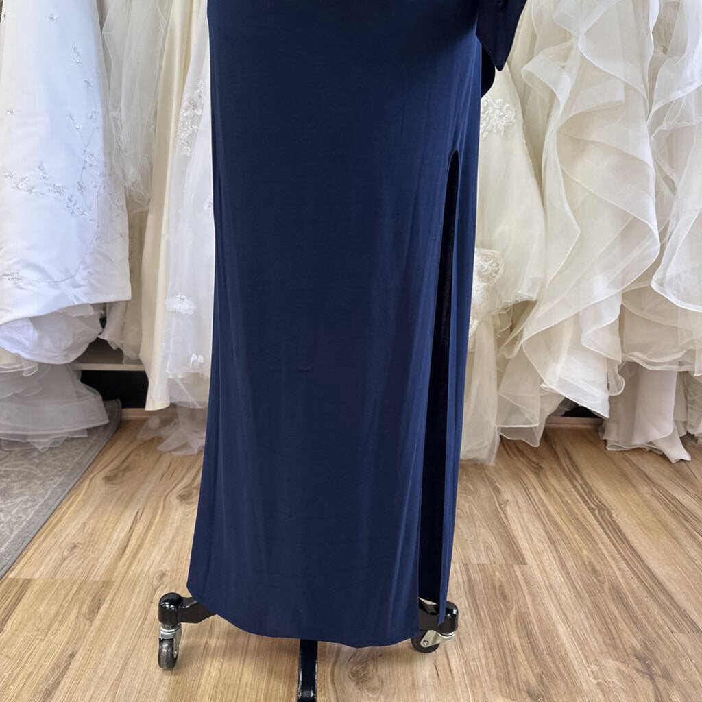 R and M Richards Navy Sequin Lace Cape Top Long Formal Dress 14
