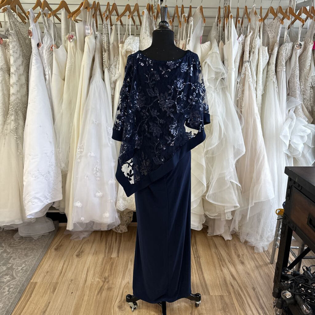 R and M Richards Navy Sequin Lace Cape Top Long Formal Dress 14