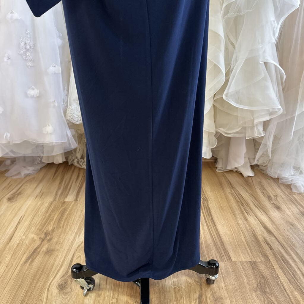 R and M Richards Navy Sequin Lace Cape Top Long Formal Dress 14