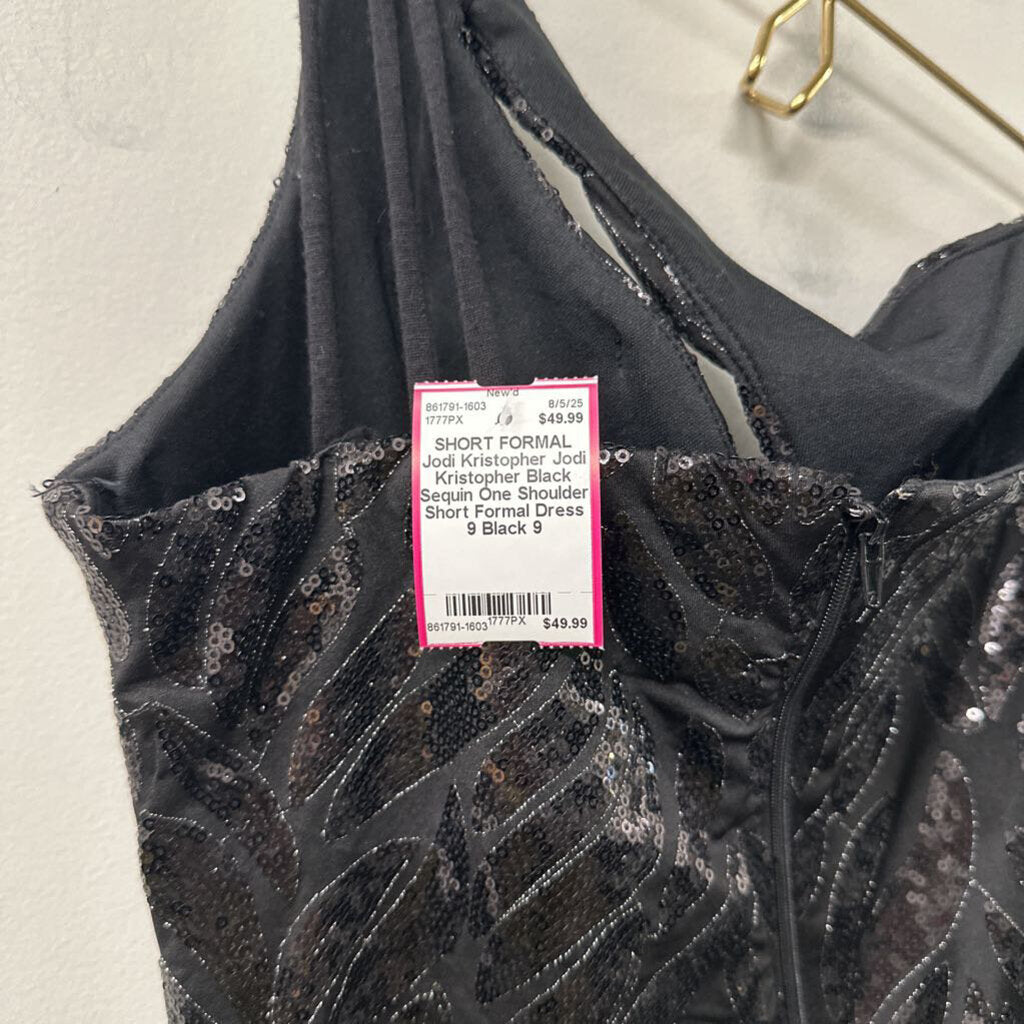 Jodi Kristopher Black Sequin One Shoulder Short Formal Dress 9