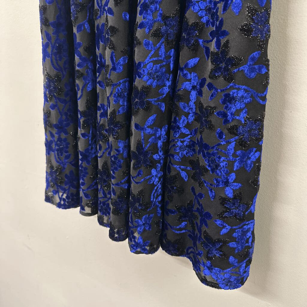 Tahari Black/ Blue Velvet Flower Short Formal Dress 2 Petite