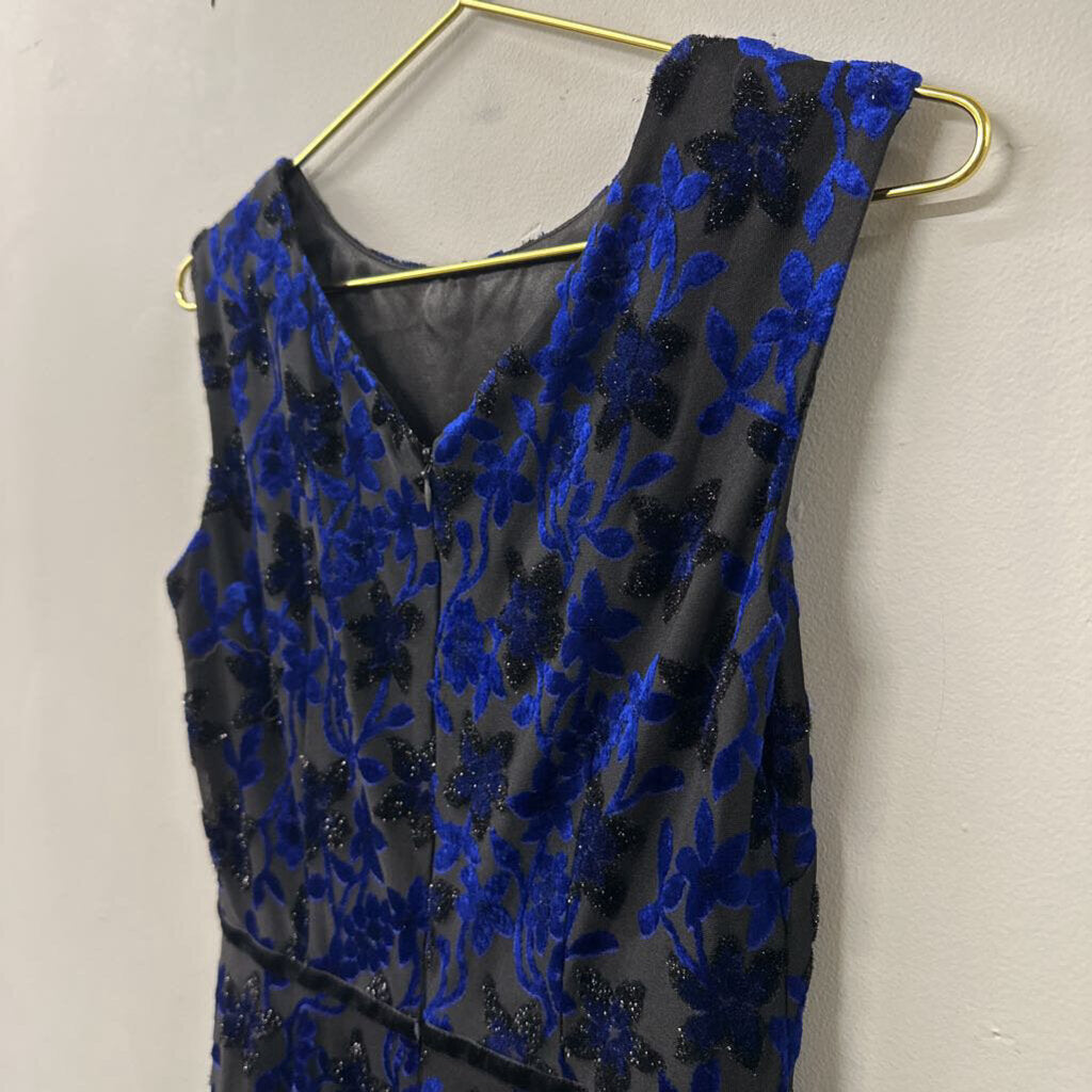 Tahari Black/ Blue Velvet Flower Short Formal Dress 2 Petite