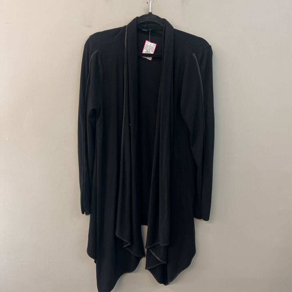 Double Zero Black Leather Detail Long Sleeve Open Front Sweater Top Large