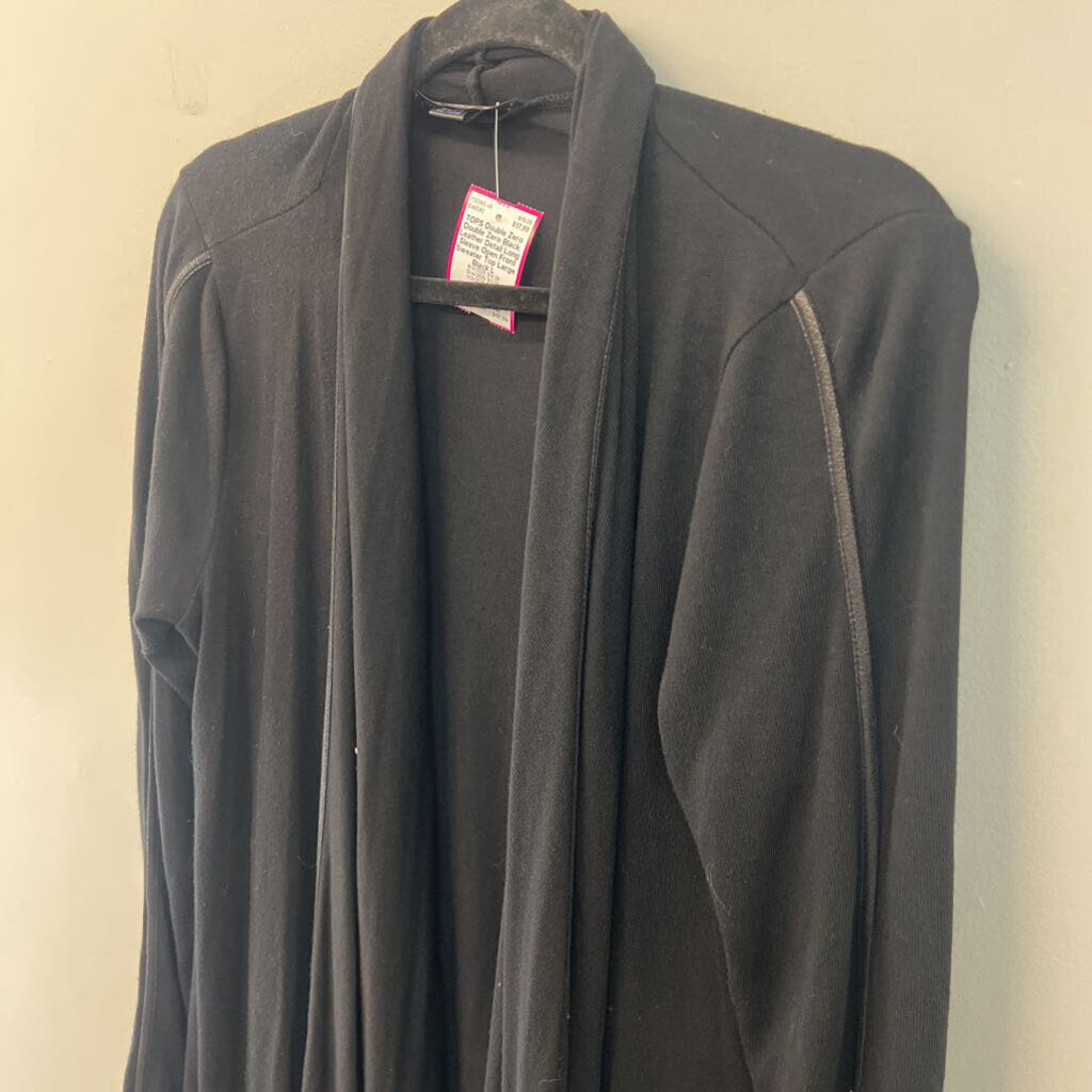 Double Zero Black Leather Detail Long Sleeve Open Front Sweater Top Large