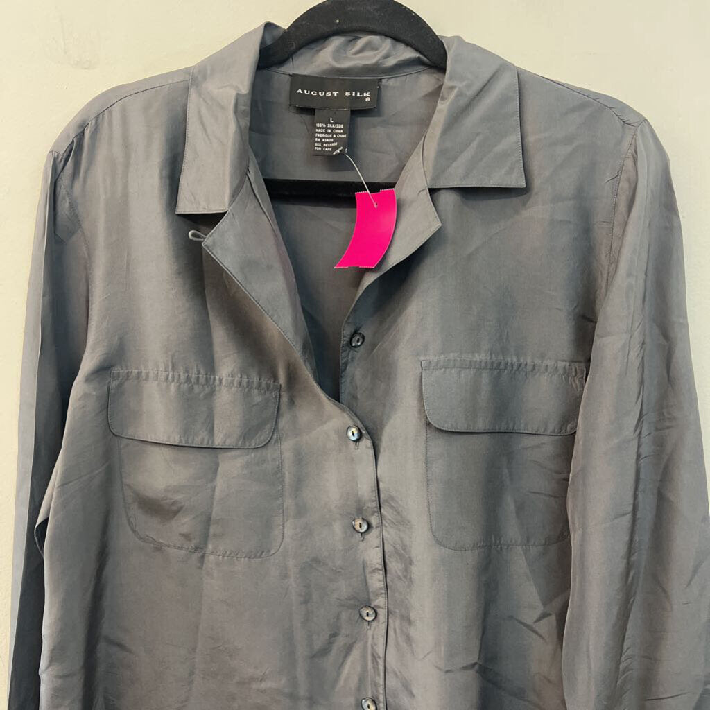 August Silk Grey 100% Silk Long Sleeve Button Down Top Large