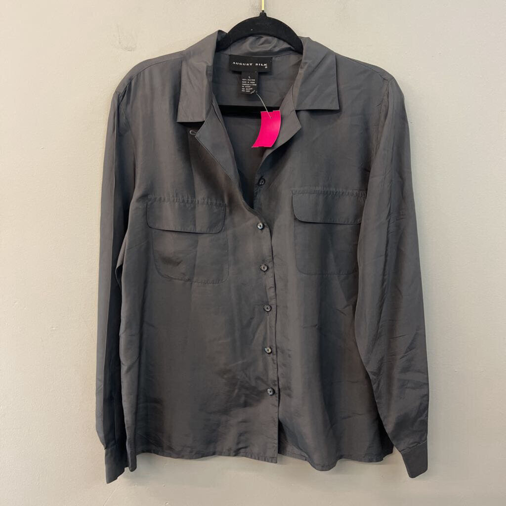 August Silk Grey 100% Silk Long Sleeve Button Down Top Large